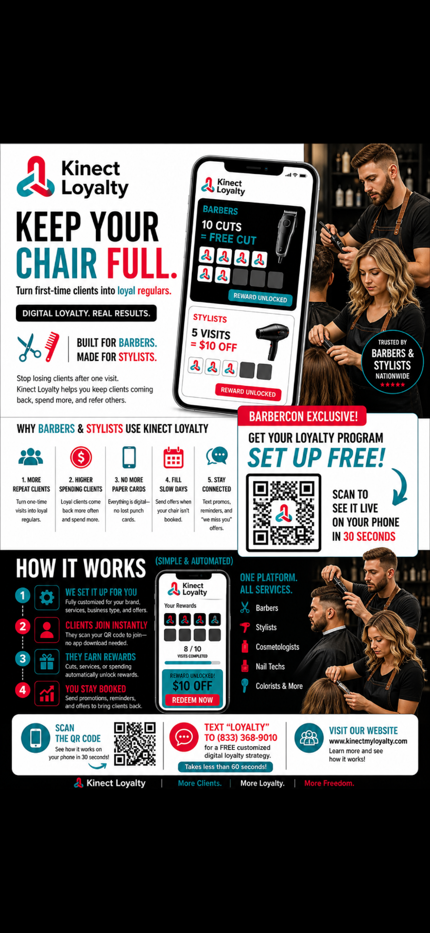 Kinect Loyalty Barbercon flyer — Keep your chair full with digital loyalty for barbers and stylists