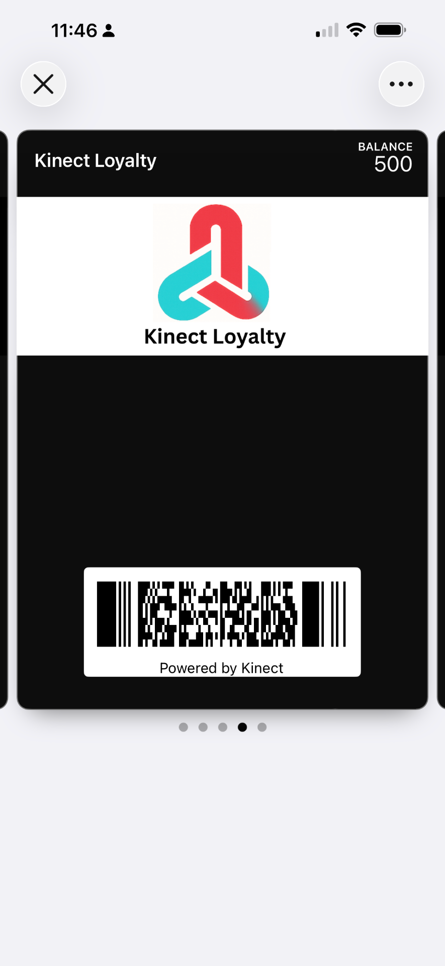 Kinect Loyalty membership card with balance on iPhone